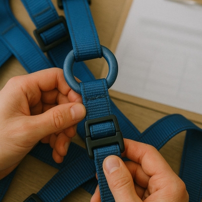 Pågående besiktning av blå fallskyddssele av ställningsprodukter