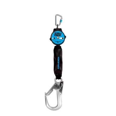 2 meter långt blått fallskyddsblock med stor svart hajkrok och falldämpare