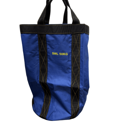 Slidstærk materialetaske med forstærkede løftebånd og 50 kg mærkning.