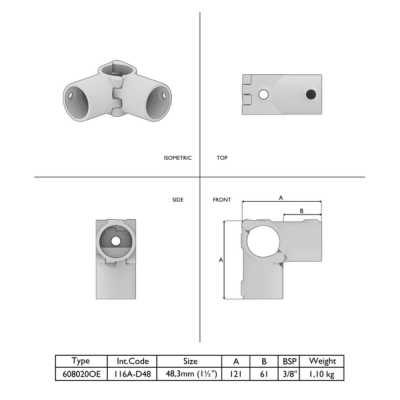 Rørkobling 3-vejs med åbning 48,3mm Galvaniseret
