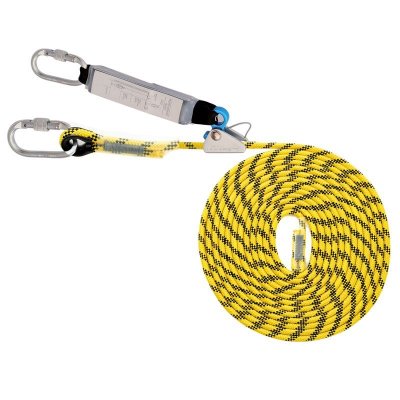 gult förankringsrep med två silvriga karbiner för användning på tak